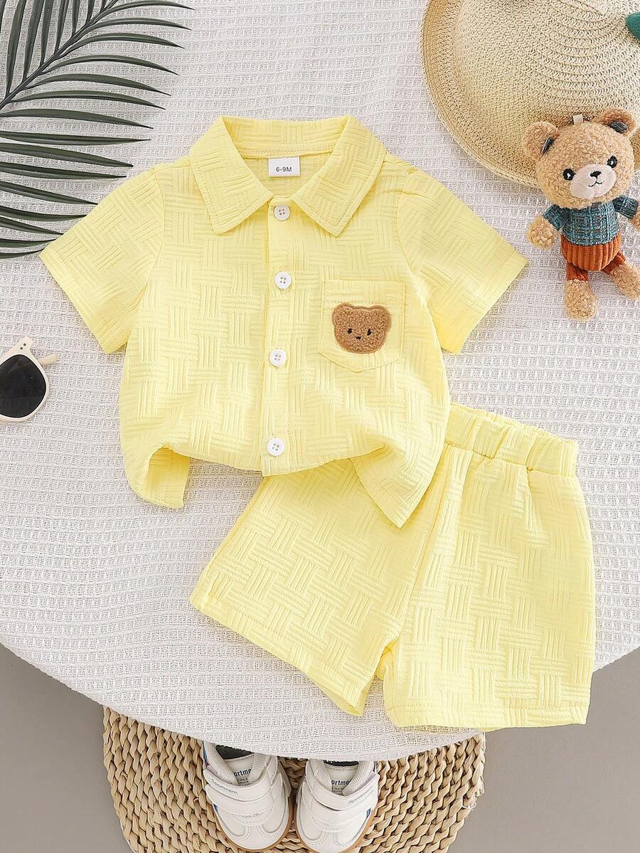 Yellow Toddler Boy Textured Shirt and Shorts Set with Bear Embroidery
